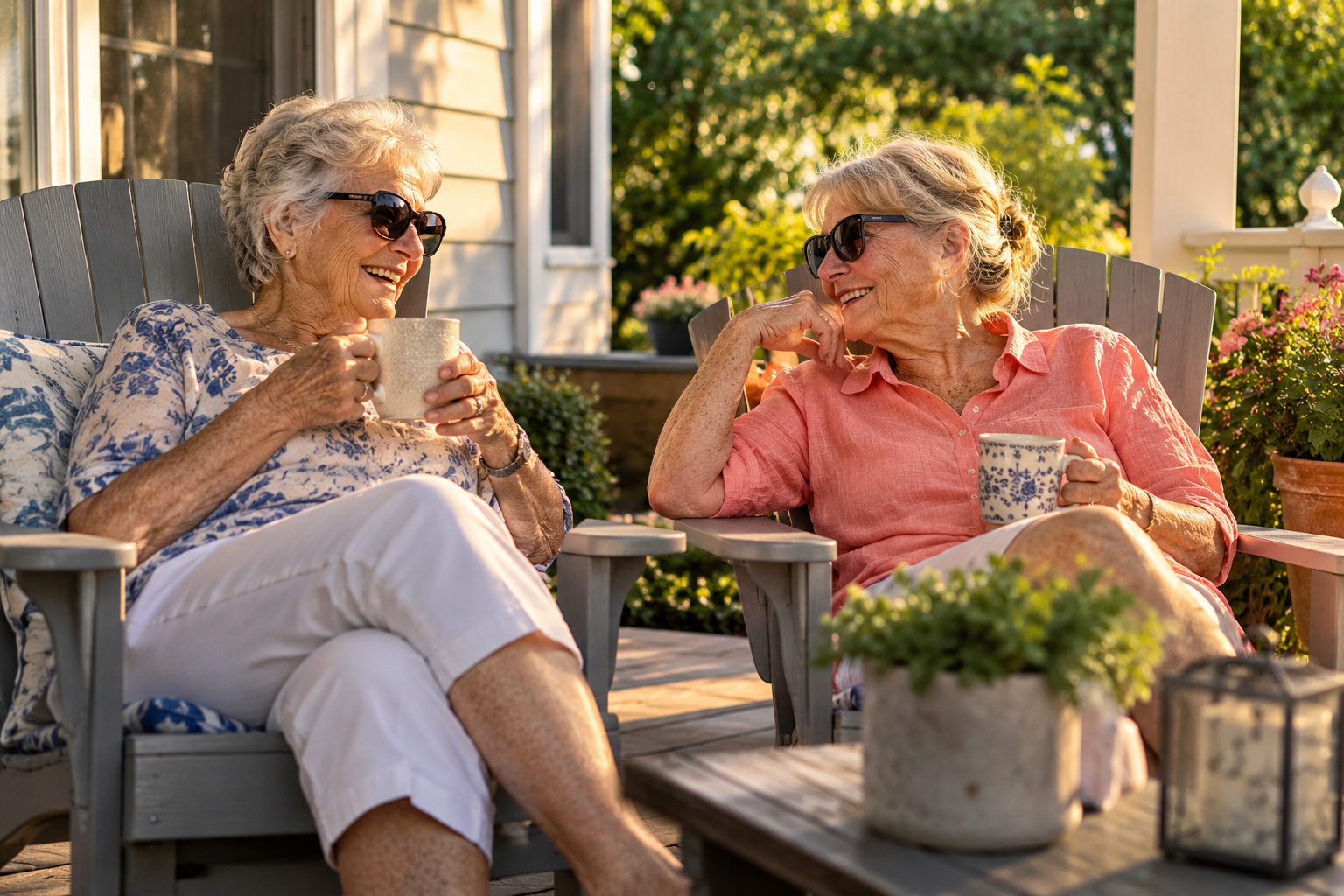 Two older women talking together on a sunny back porch
